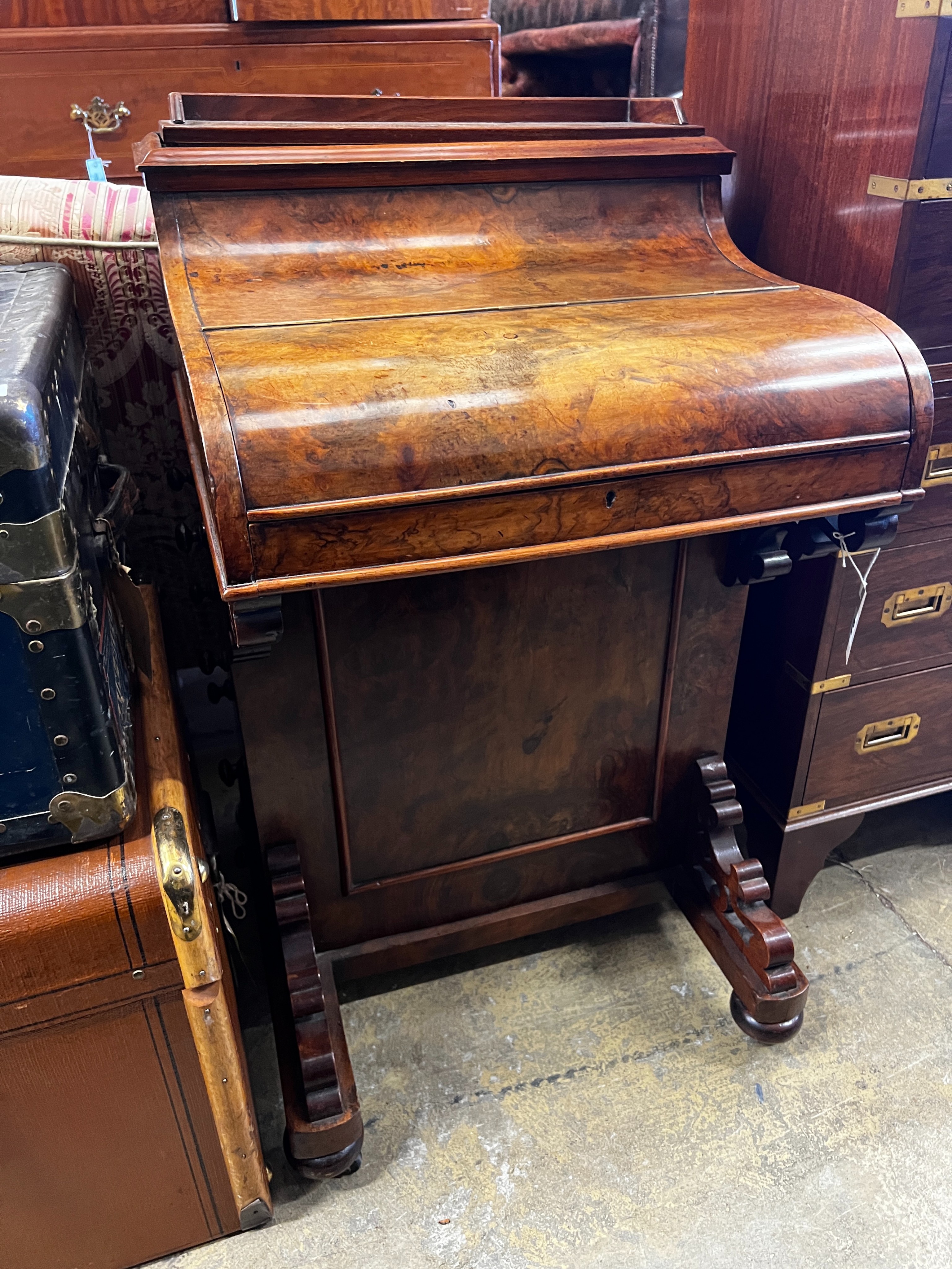 A Victorian walnut piano front pop-up davenport, width 54cm, depth 53cm, height 92cm